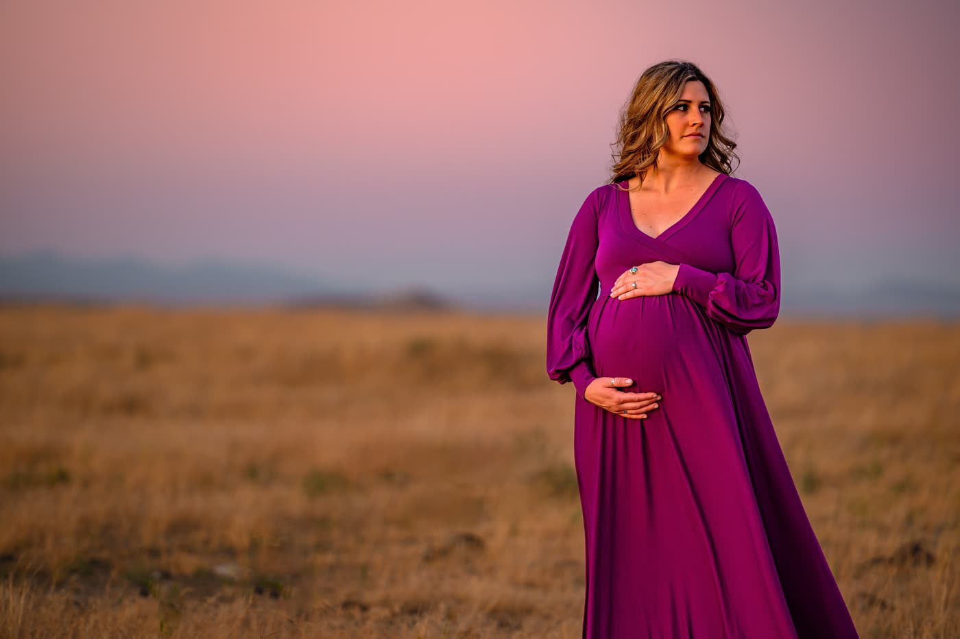 Maternity portrait at sunset on the prairie